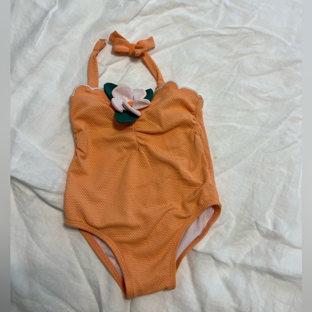 Janie and Jack Textured Orange Melon Halter One Piece Bathing Suit with Flower